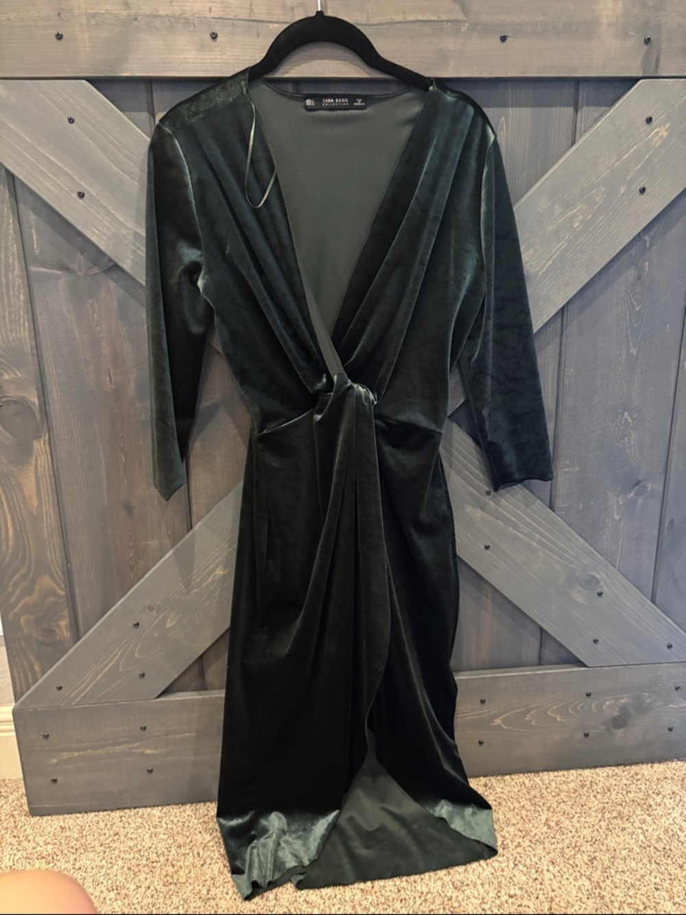 Zara Dark Green Velvet Knot-Front Long Sleeve Dress